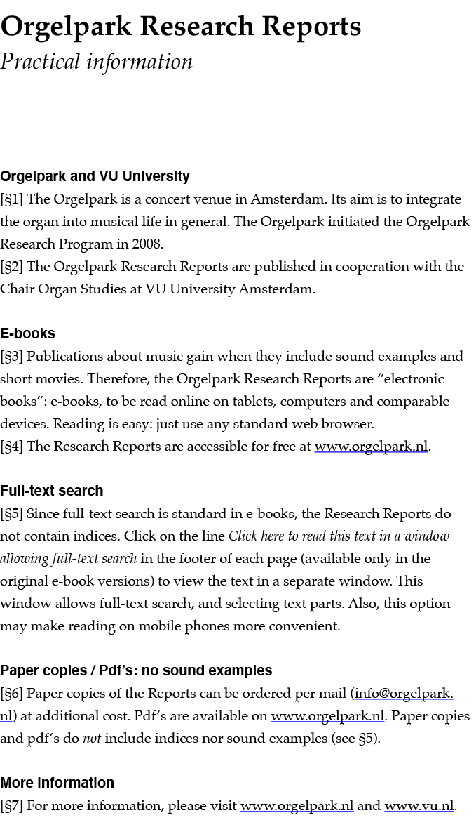 Orgelpark Research Reports  Practical information Orgelpark and VU University   1  The Orgelpark is a concert venue i   