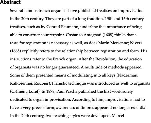 Abstract Several famous french organists have published treatises on improvisation in the 20th century  They are part   