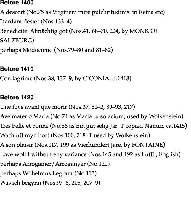 Before 1400 A descort (No 75 as Virginem mire pulchritudinis: in Reina etc) L ardant desier (Nos 133 4) Benedicite: A   