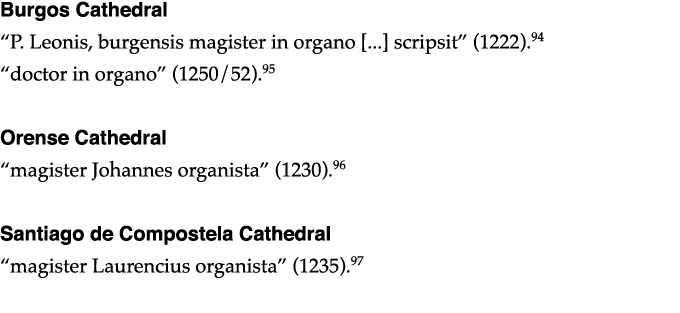 Burgos Cathedral  P  Leonis, burgensis magister in organo       scripsit  (1222) 94  doctor in organo  (1250 52) 95 O   