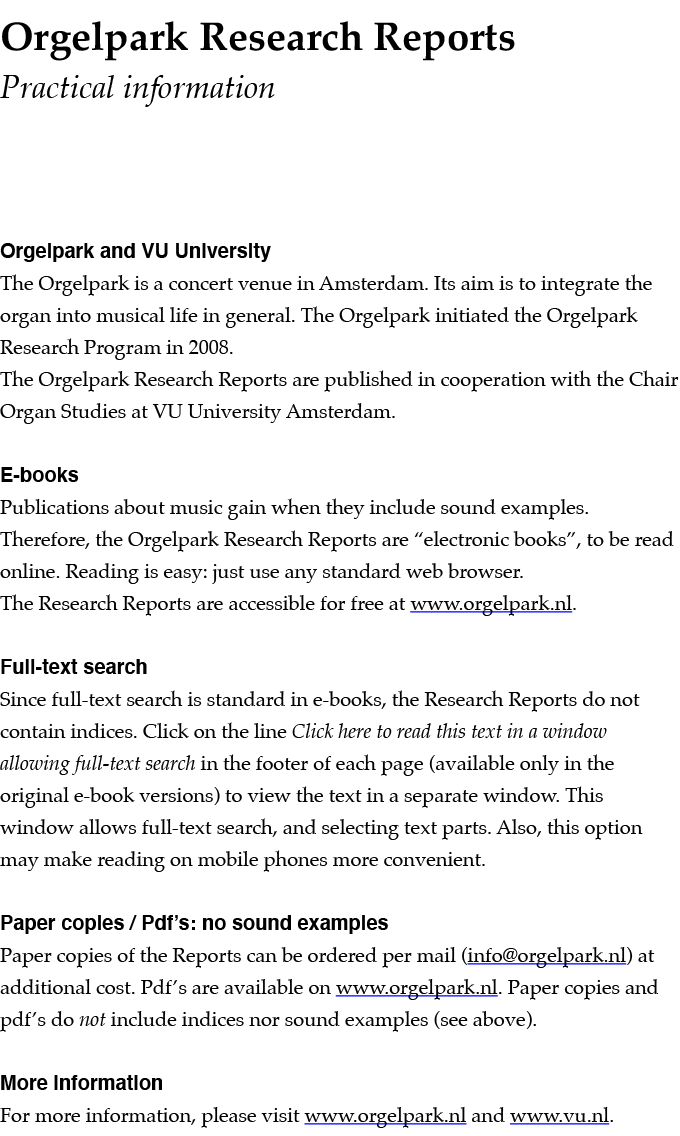 Orgelpark Research Reports  Practical information Orgelpark and VU University The Orgelpark is a concert venue in Ams   