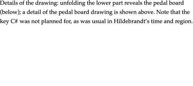 Details of the drawing: unfolding the lower part reveals the pedal board (below); a detail of the pedal board drawing   
