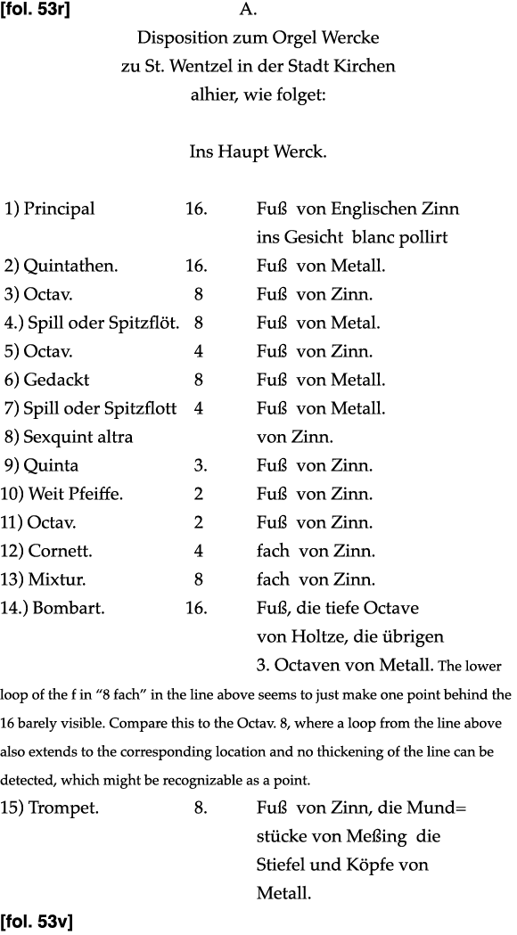  fol  53r      A  Disposition zum Orgel Wercke zu St  Wentzel in der Stadt Kirchen alhier, wie folget: Ins Haupt Werc   