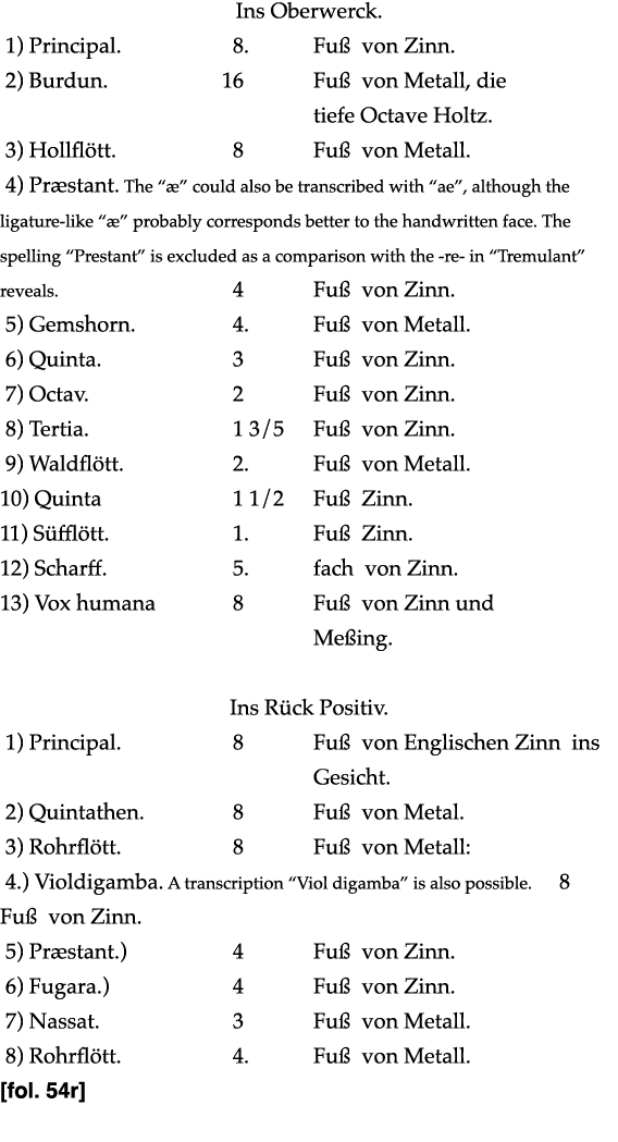 Ins Oberwerck  1) Principal   8  Fuß von Zinn  2) Burdun  16 Fuß von Metall, die  tiefe Octave Holtz  3) Hollflött      