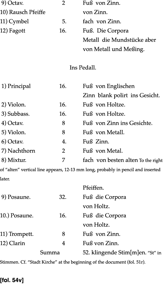  9) Octav   2 Fuß von Zinn  10) Rausch Pfeiffe       von Zinn  11) Cymbel  5  fach von Zinn  12) Fagott 16  Fuß  Die    