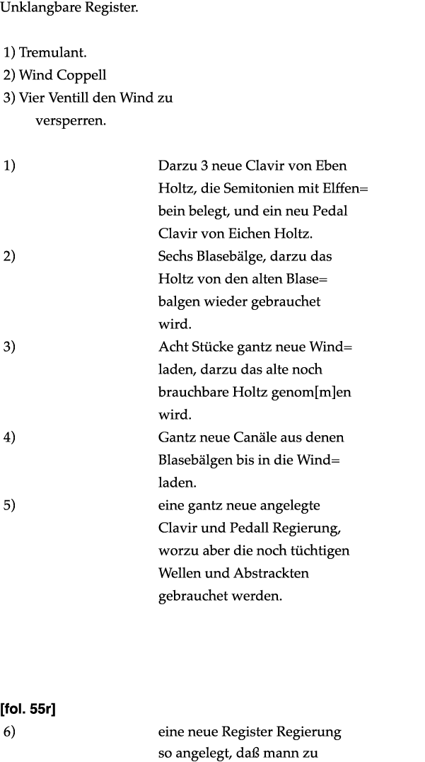 Unklangbare Register   1) Tremulant  2) Wind Coppell 3) Vier Ventill den Wind zu      versperren   1) Darzu 3 neue Cl   