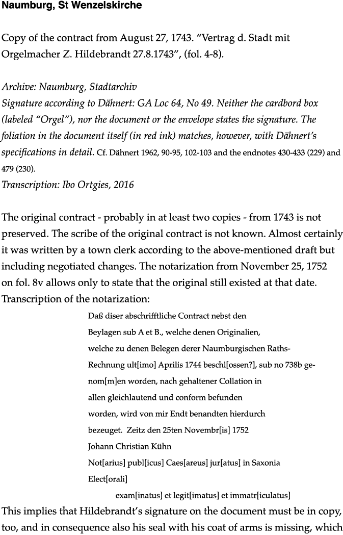 Naumburg, St Wenzelskirche Copy of the contract from August 27, 1743   Vertrag d  Stadt mit Orgelmacher Z  Hildebrand   