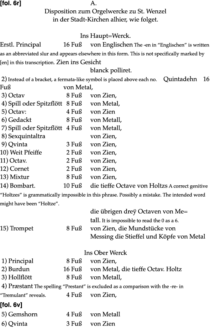  fol  6r  A  Disposition zum Orgelwercke zu St  Wenzel in der Stadt-Kirchen alhier, wie folget  Ins Haupt Werck  Erst   