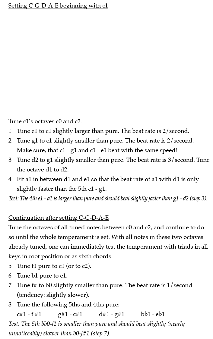 Setting C-G-D-A-E beginning with c1      Tune c1 s octaves c0 and c2  1 Tune e1 to c1 slightly larger than pure  The    
