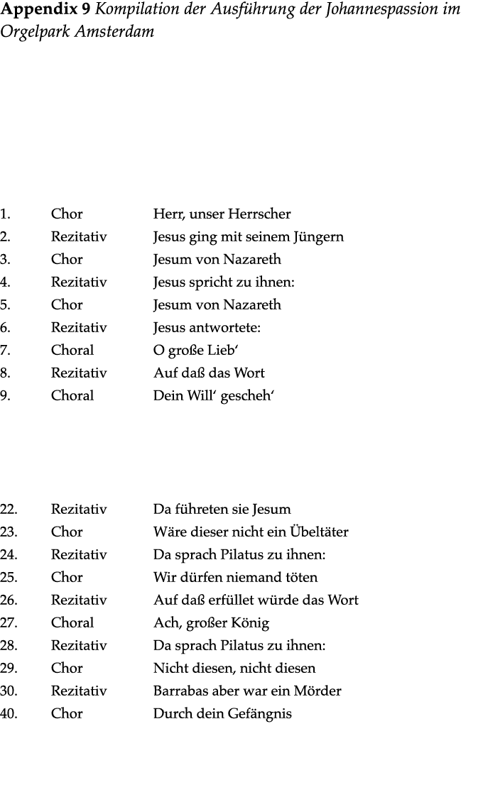  Appendix 9 Kompilation der Ausführung der Johannespassion im Orgelpark Amsterdam  1  Chor  Herr, unser Herrscher 2     