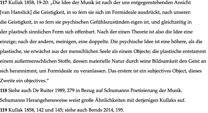 117 Kullak 1858, 19-20:  Die Idee der Musik ist nach der uns entgegenstehenden Ansicht  van Hanslick  die Geistigkeit   