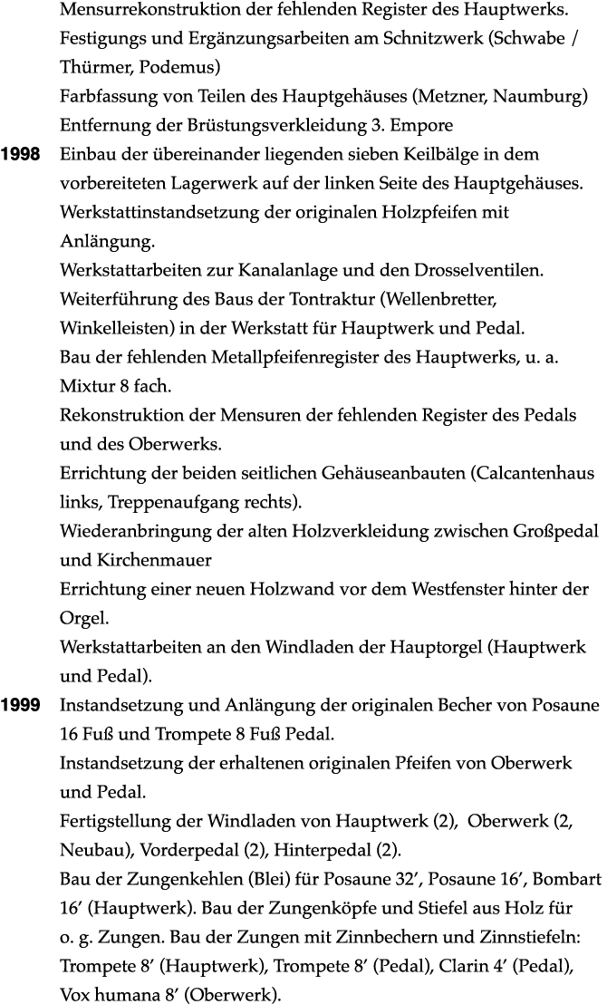  Mensurrekonstruktion der fehlenden Register des Hauptwerks. Festigungs und Erg nzungsarbeiten am Schnitzwerk (Schwab...