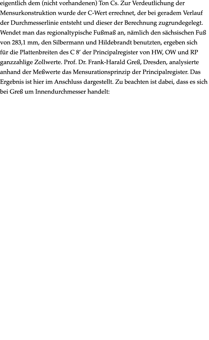 eigentlich dem (nicht vorhandenen) Ton Cs. Zur Verdeutlichung der Mensurkonstruktion wurde der C Wert errechnet, der ...