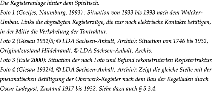Die Registeranlage hinter dem Spieltisch. Foto 1 (Goetjes, Naumburg, 1993) : Situation von 1933 bis 1993 nach dem Wal...